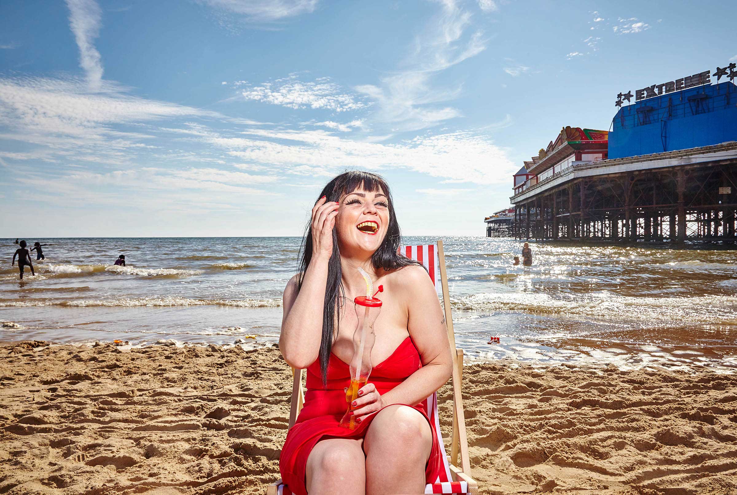 Blackpool beach lady in red dress